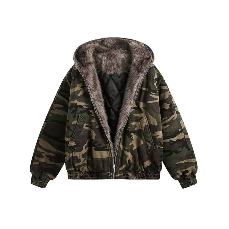 American Style Men'S Padded Jackets Loose Fleece Camouflage Thickened Casual Zipper Hooded Male Coats New Tide 2024 CPG2404