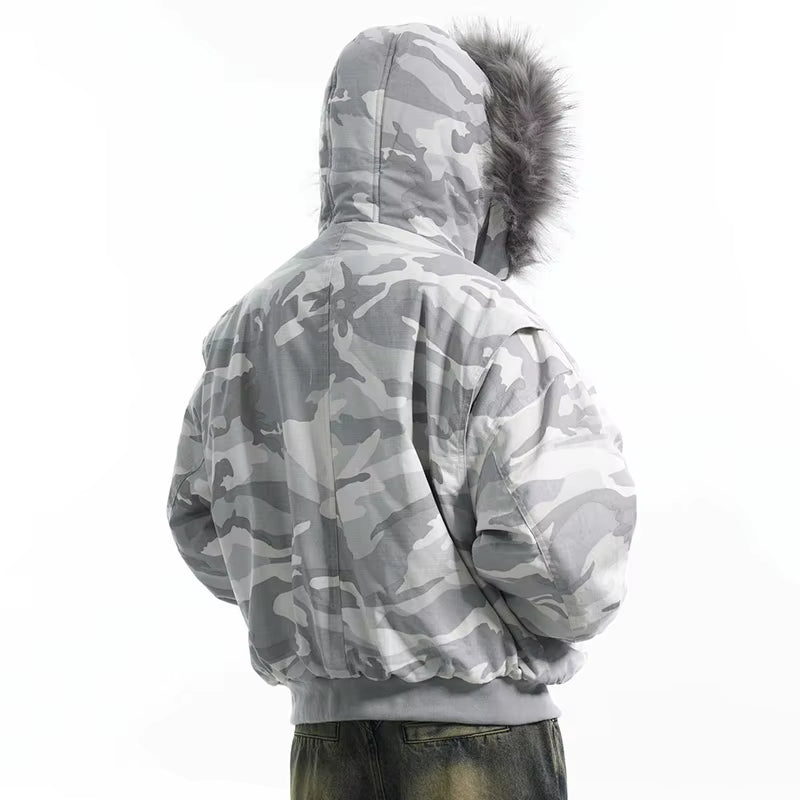 American Vintage Fur Collar Hooded Camouflage Short Men'S Cotton-Padded Coat Niche Design Quilted Padded Winter Tide Jacket