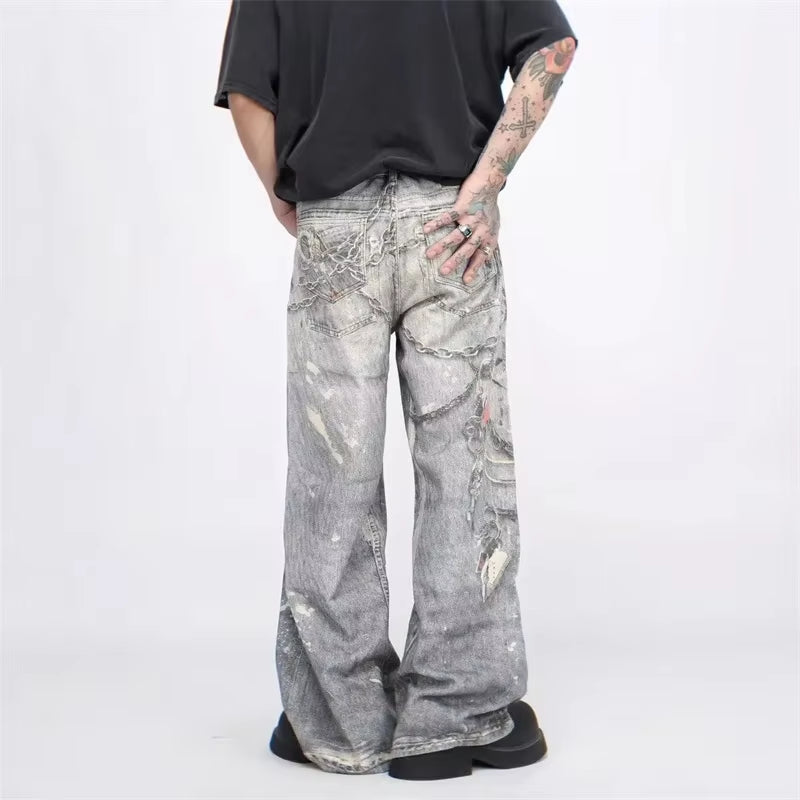 New 3D Chain Printed Baggy Jeans for Men and Women Casual Baggy Straight Denim Pants High Street Wide-Leg Y2K Blue Jean