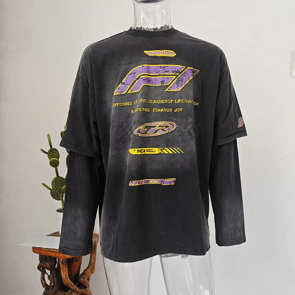 Washed Worn-Out Fake Two Piece T-Shirt Men'S American round Neck Long Sleeve Streetwear Letter Design Tops Trendy 28W5036