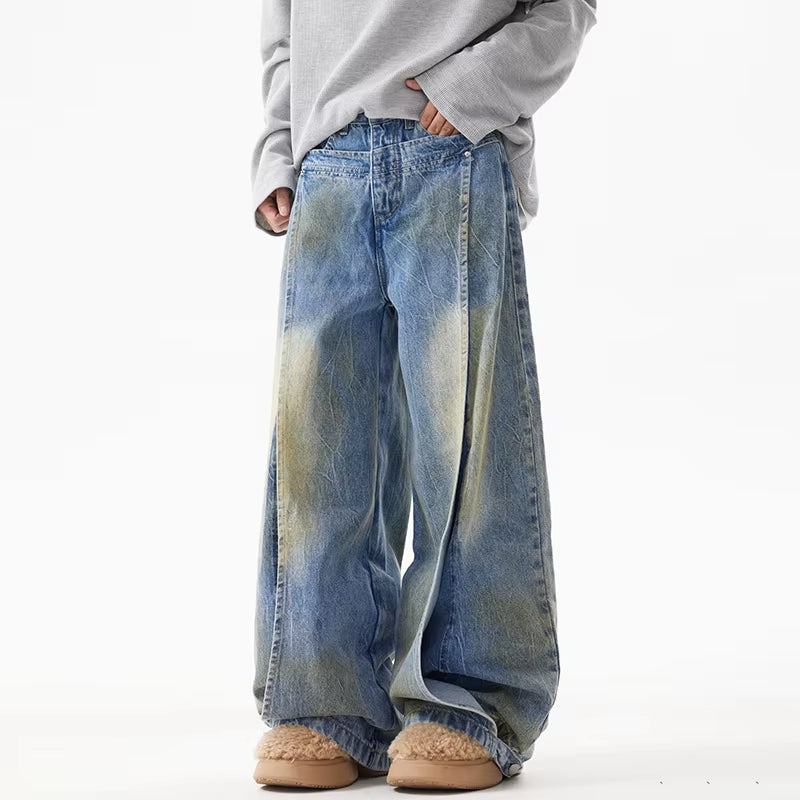 Male Spliced Die Dyed Deconstruction Jeans American Washed Wide Leg Trousers Niche Design Street Loose Pants Trend 28W4414