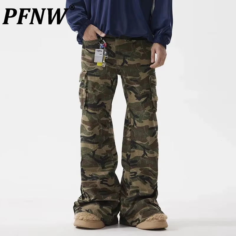 Pleated Deconstruction Flared Camouflage Cargo Pants Male American Niche Design Loose Casual Autumn Chic Trousers 28W4476