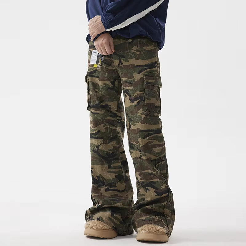 Pleated Deconstruction Flared Camouflage Cargo Pants Male American Niche Design Loose Casual Autumn Chic Trousers 28W4476