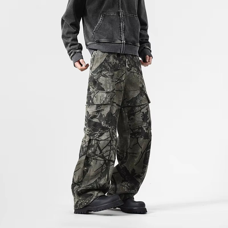 Vintage Leaf Pattern Camouflage Cargo Pants High Street Tide Design Tie-Dye Trousers Side Large Pockets Baggy Casual Pants