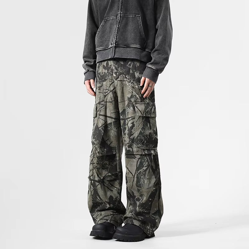 Vintage Leaf Pattern Camouflage Cargo Pants High Street Tide Design Tie-Dye Trousers Side Large Pockets Baggy Casual Pants